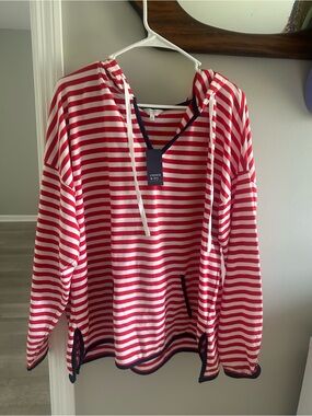 crown & ivy Red, White and Navy Striped Hooded Top